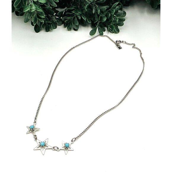 Silver Tone Necklace With Star Charms and Turquoise Accents By Paradise - Picture 2 of 5